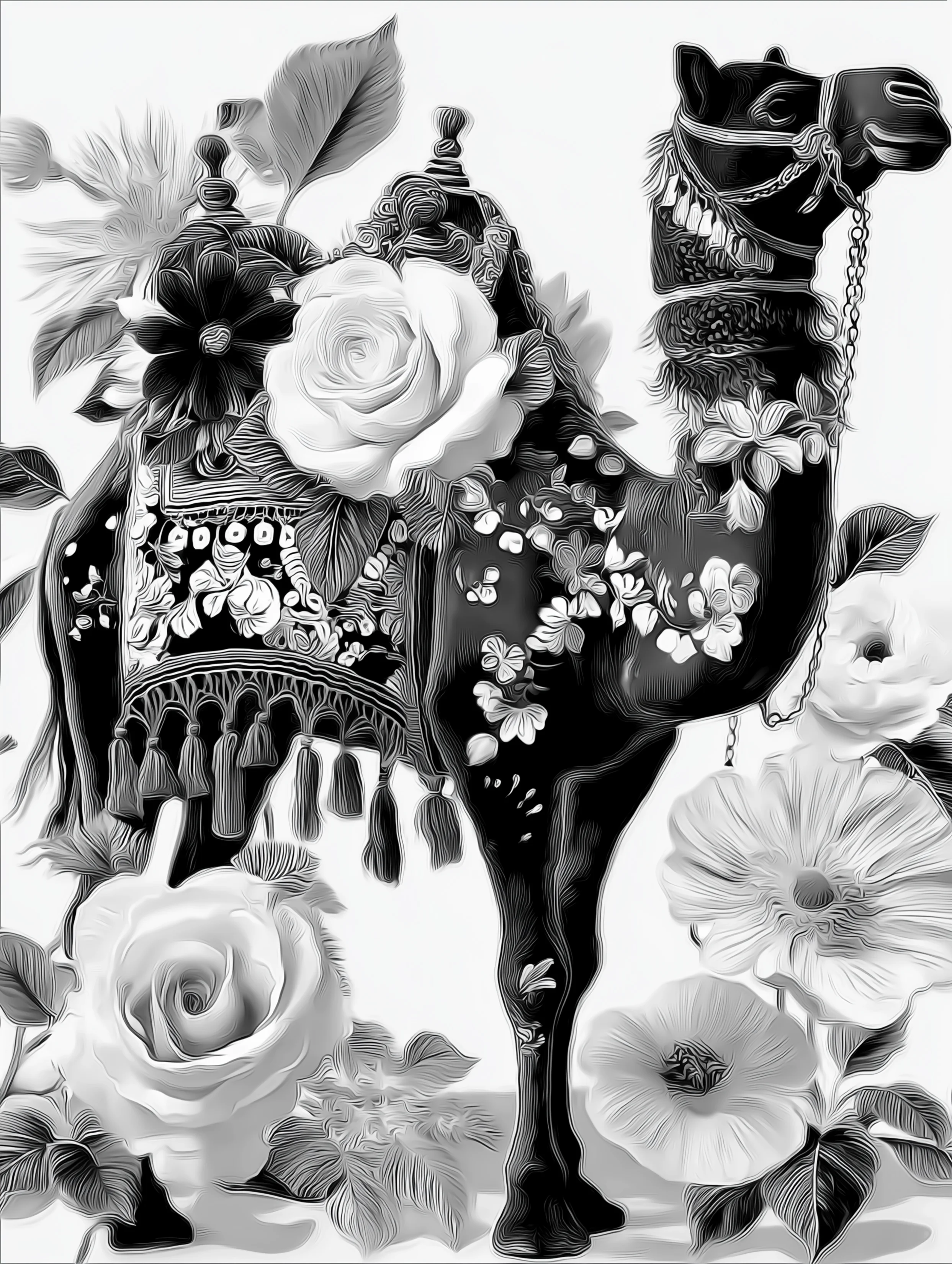 Free printable camel coloring page for adults featuring tasseled carpet on camel